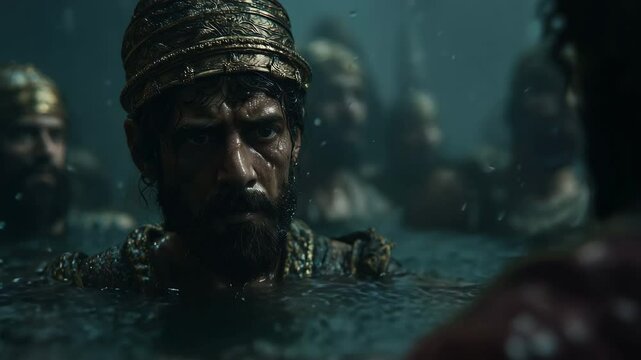 Soaked and solemn, Naaman emerges from the Jordan, his leprosy cured&mdash;surrounded by armored men witnessing the divine moment of healing. From the book of Kings in the Bible.