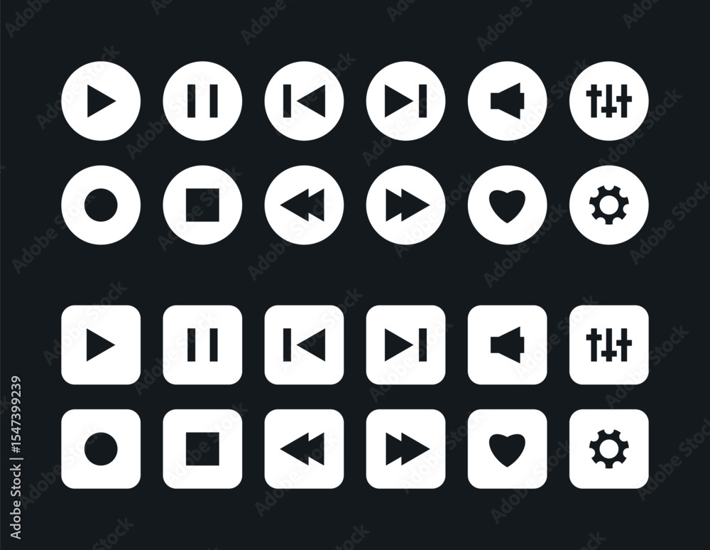 Poster music player button icon set. play, pause, next, previous like and settings symbol in black and whit