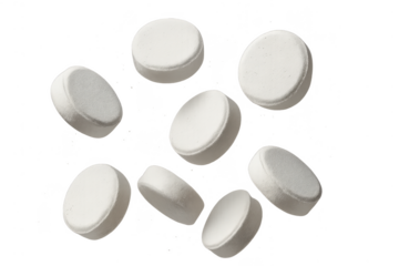 Isolated white round pills floating on a transparent background, medication concept