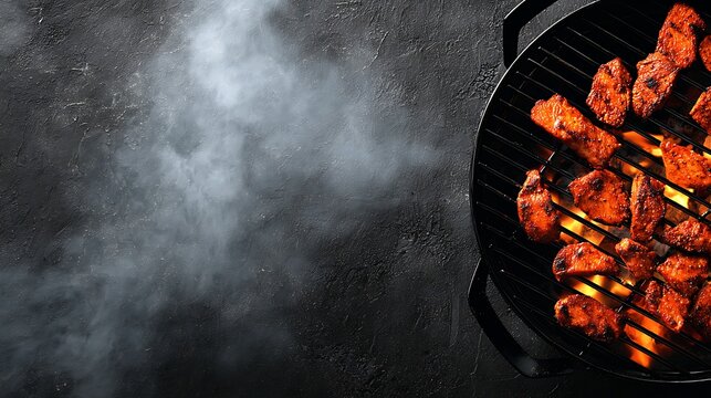Hot grilled meat sizzles atop black grate as smoke rises, a dark culinary tableau with fiery intensity