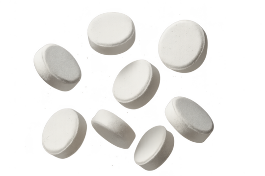 Isolated white round pills floating on a transparent background, medication concept
