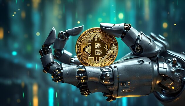 Robotic Arm Holding Bitcoin Symbolizing the Future of Cryptocurrency and Technological Advancement in Digital Finance and Blockchain Innovation