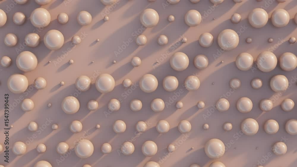 Poster seamless looping abstract 3d animation with geometric rows of mocha mousse spheres in harmonic motio