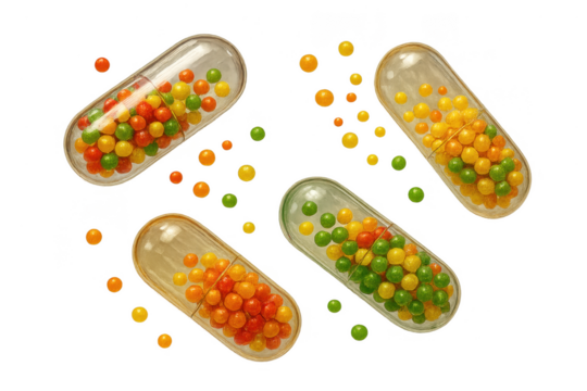 Capsules filled with colorful granules isolated on a transparent background, pharma