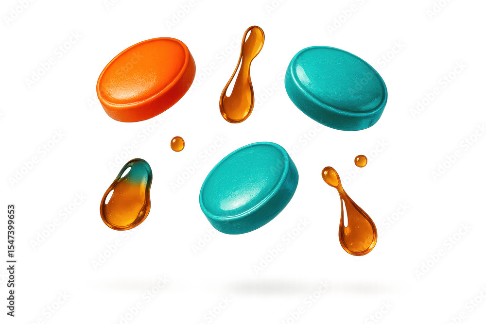 Poster assorted colorful candies with liquid caramel splashes on transparent background