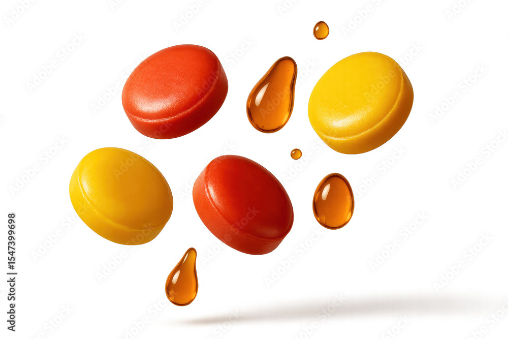 Poster assorted hard candies with honey drops isolated on a transparent background