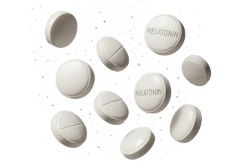 Pile of Melatonin pills isolated on transparent background, sleep aid remedy