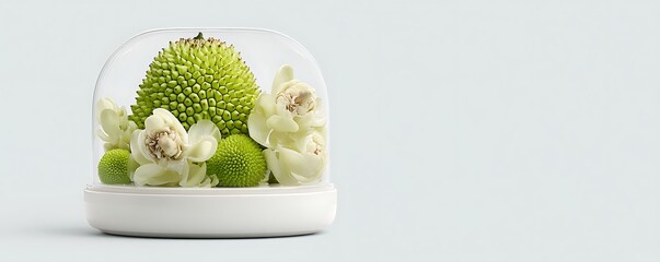 Arrangement of green fruit and white flowers within a glass dome, on a white base, against a pale blue backdrop