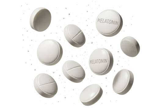 Pile of Melatonin pills isolated on transparent background, sleep aid remedy