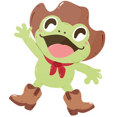Cute Kawaii frog with cowboy hat and boots howdy cartoon