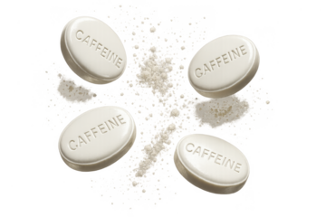 Caffeine pills and powder isolated on transparent background, energy boost