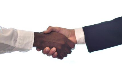 “Professional handshake between two business individuals of different ethnic backgrounds, symbolizing partnership, agreement, or corporate collaboration on a white isolated background.” - Powered by Adobe