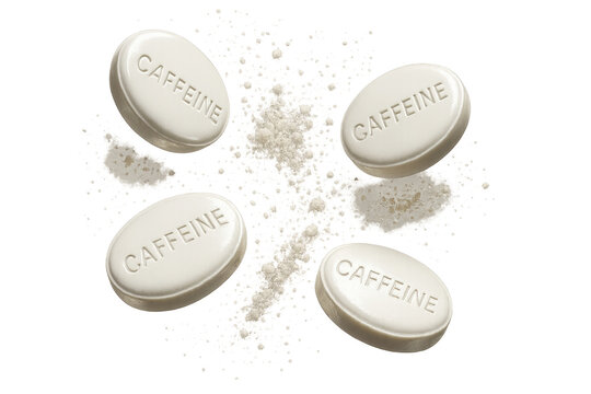 Caffeine pills and powder isolated on transparent background, energy boost