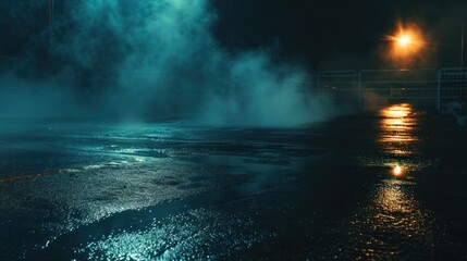 Dark, wet asphalt at night, misty teal glow