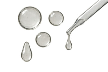 Clear liquid drops and pipette isolated on transparent background, serum texture