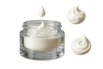 Glass jar of cosmetic cream with cream smears isolated on transparent background