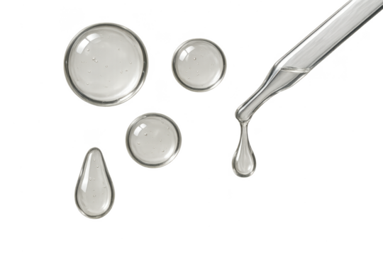 Clear liquid drops and pipette isolated on transparent background, serum texture