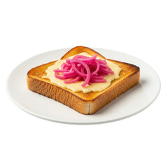 A delicious slice of golden brown toast topped with creamy melted cheese and a colorful pile of bright pink pickled red onions, perfect for a gourmet breakfast or snack.