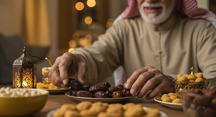 Senior Muslim man in traditional dress reaching for dates during Ramadan feast with lantern light