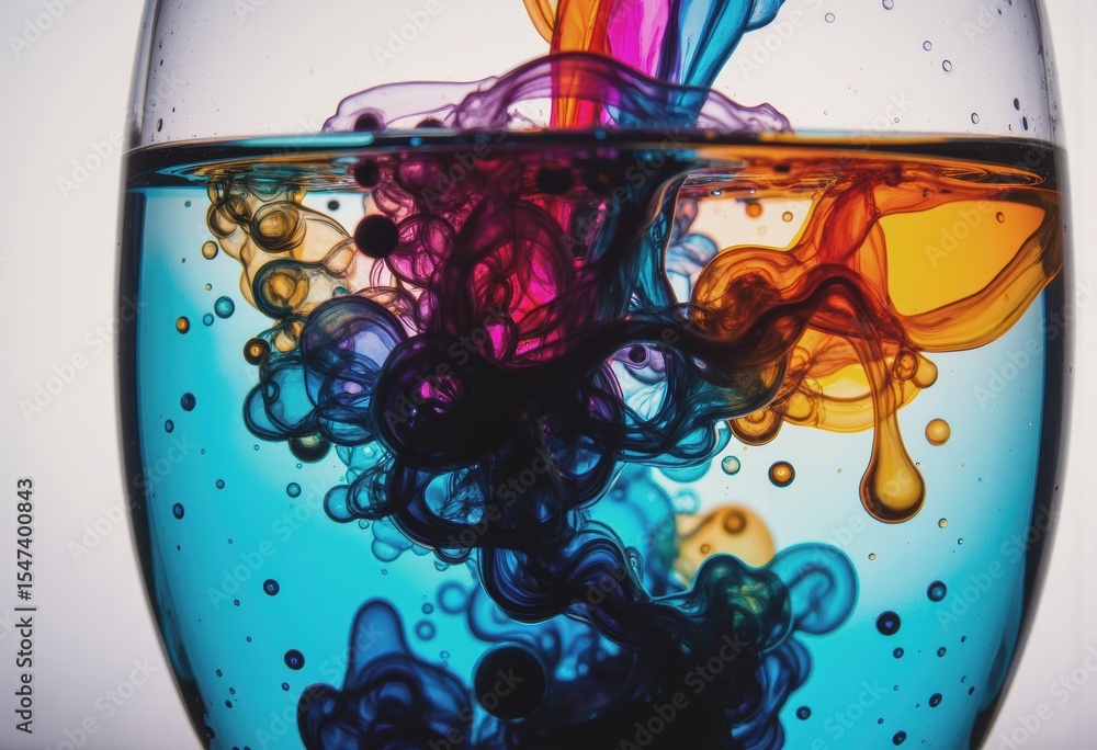 Poster abstract ink drops diffusing in water, creating vibrant colors and patterns