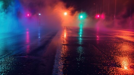 Night road scene, wet asphalt, vibrant lights