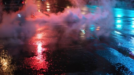 Night street scene, wet asphalt, vibrant neon lights, swirling smoke, reflecting city lights
