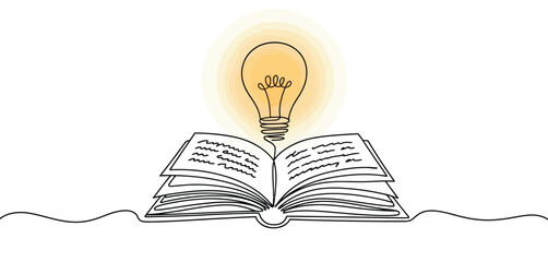 Open Book with Lightbulb Idea Single Line Art Illustration