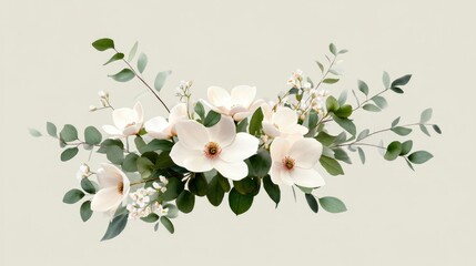 Delicate arrangement of magnolia and eucalyptus blossoms