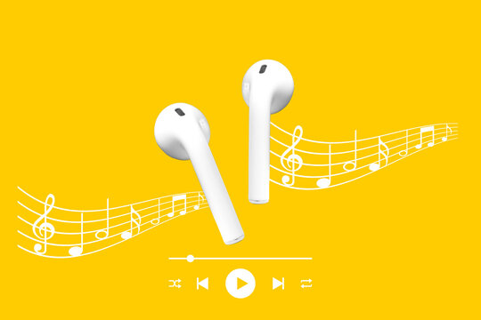 Two wireless earbuds are showcased against a bright yellow background with musical notes