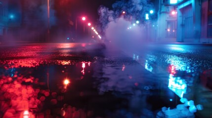 Neon-lit city street at night, reflecting in a puddle