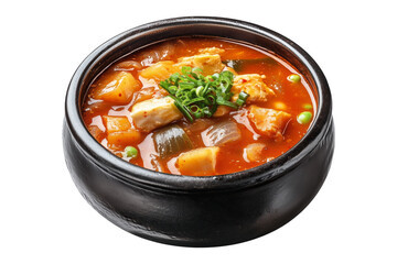 Spicy Korean kimchi jjigae with tofu, mushrooms, and green onions served in black bowl isolated on white transparent background, traditional Asian cuisine concept