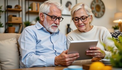 a senior couple using a tablet to browse online shopping deals at home