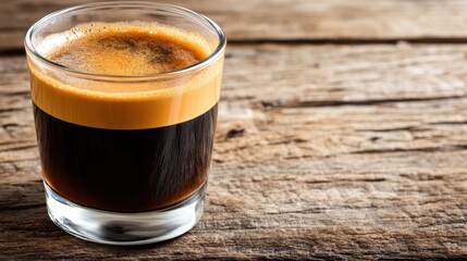 A close-up view of a glass filled with rich dark espresso crowned with a beautiful layer of crema, set against a rustic wooden background, perfect for coffee enthusiasts.