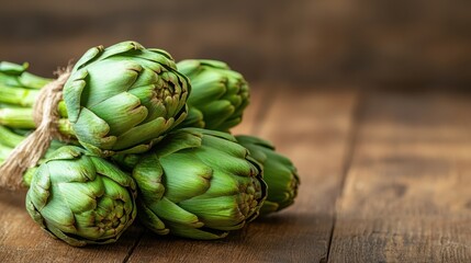 Fototapeta premium A vibrant bunch of fresh green artichokes displayed on a rustic wooden surface, showcasing their unique shape and texture in natural light, perfect for culinary use.