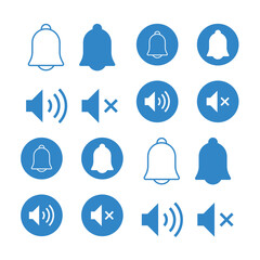 Notification bell icon and Sound volume icons set, Sound icon, volume symbol, speaker sign, alarm clock, vector icon