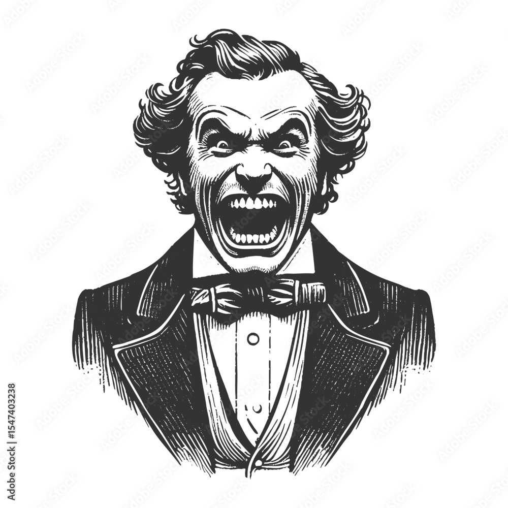 Poster man in formal attire, yelling with an intense wide-open mouth and wild expression sketch engraving g