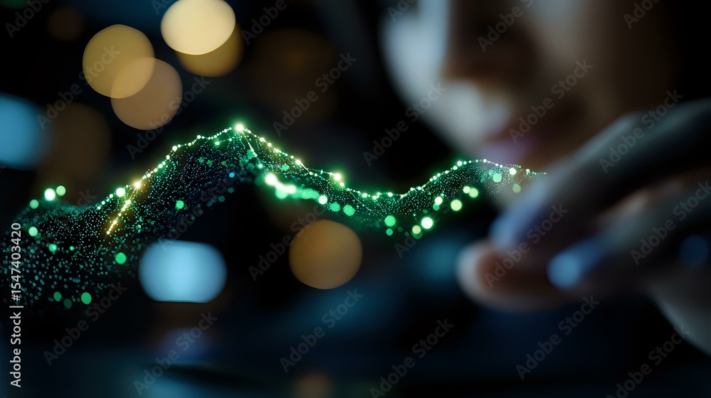 Poster glowing green digital wave visualization with bokeh light effects in dark background creates futuris