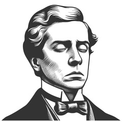 solemn funny young man with closed eyes sketch engraving generative ai fictional character vector illustration. Scratch board imitation. Black and white image.