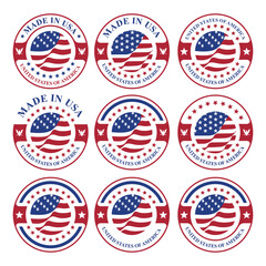 set of made in usa stamp circle logo vector design with united states flag element	