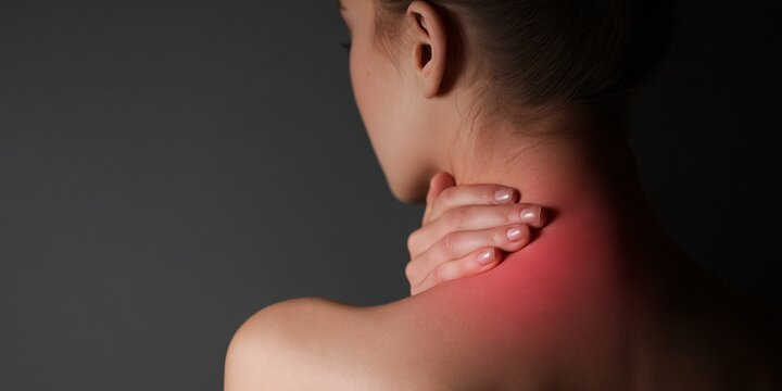Relieving sore muscles a person rubbing neck and trapezius area for physical sensations in a calm environment