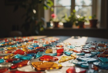 Fototapeta premium Colorful broken glass mosaic pieces scattered on a table