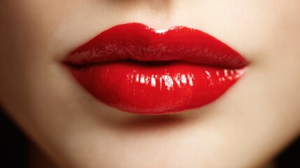 Obraz premium Close-up of vibrant glossy red lips with smooth texture, high sheen, and soft warm tones, highlighting rich lipstick color against blurred background.