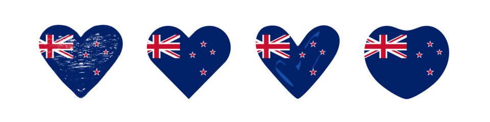 New Zealand flag heart collection. Set of creative NZ flags inside of hearts. Cute heart shapes. Holiday or travel icons. Web special offer button concept. Isolated graphic design. Branding concept.
