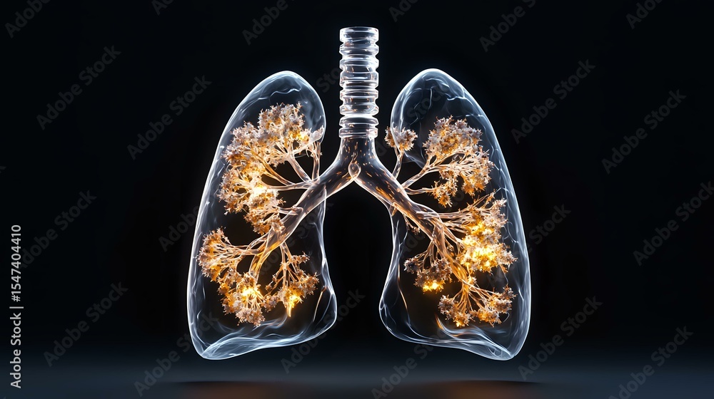 Poster glowing translucent human lungs with illuminated bronchial tree structure against black background s