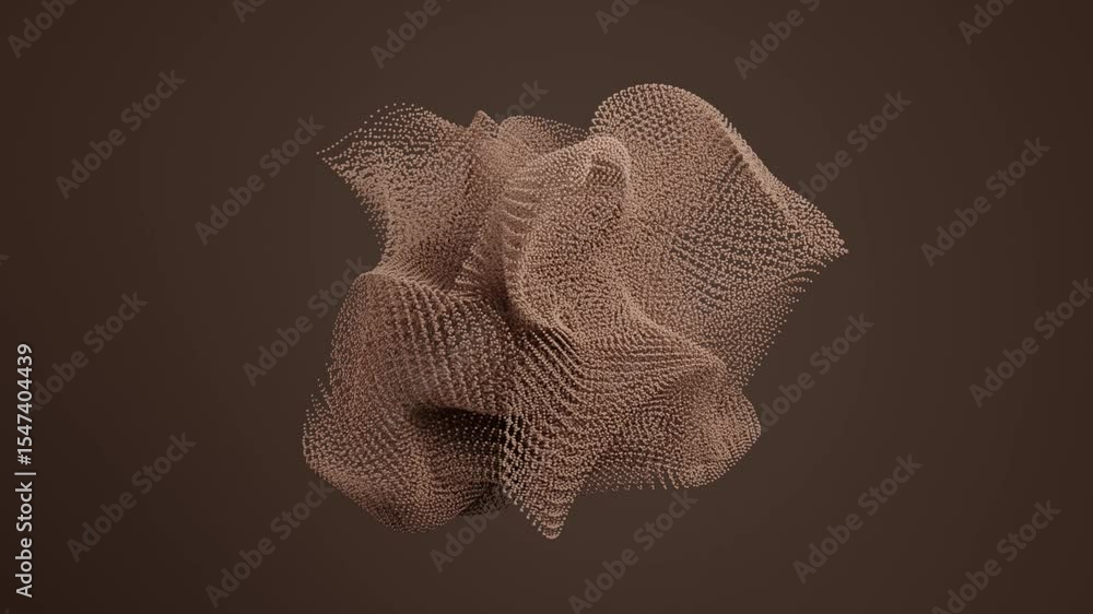 Poster dynamic abstract 3d particle structure morphing into shifting shapes in dark brown minimal environme