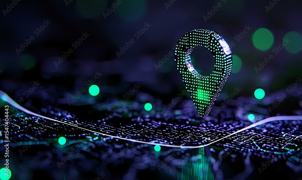 Poster glowing digital location pin made of dots floating above futuristic map with green bokeh lights, rep