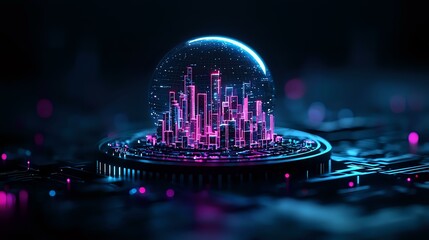 Futuristic neon cityscape in glass dome with glowing purple skyscrapers and blue crescent moon against dark background with bokeh lights and circuit patterns.