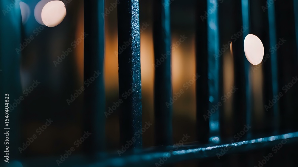 Poster dark moody composition with metal fence bars in foreground and soft glowing bokeh lights creating at