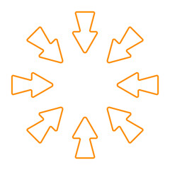 Directional arrow icon. Eight bold orange arrows pointing inward from all sides. Represents focus, convergence, navigation, or centralization concept.