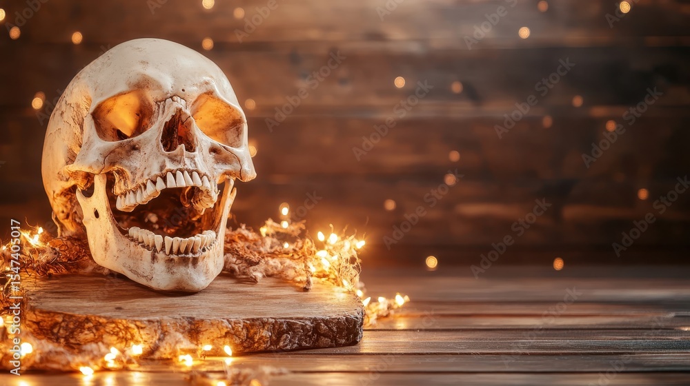 Poster a striking skull sculpture placed on a wooden base, adorned with twinkling lights, creating an inter